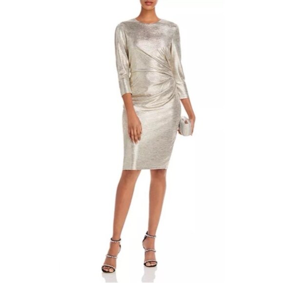 Eliza J Draped Metallic Gold Long Sleeve Sheath Cocktail Party Dress Size 8 NWT - Picture 1 of 11